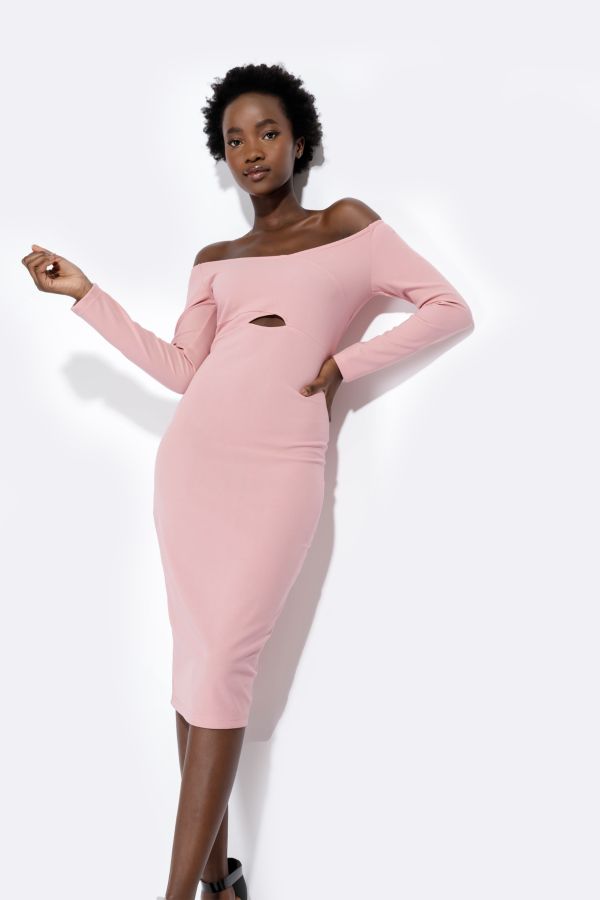 pink off shoulder bodycon dress